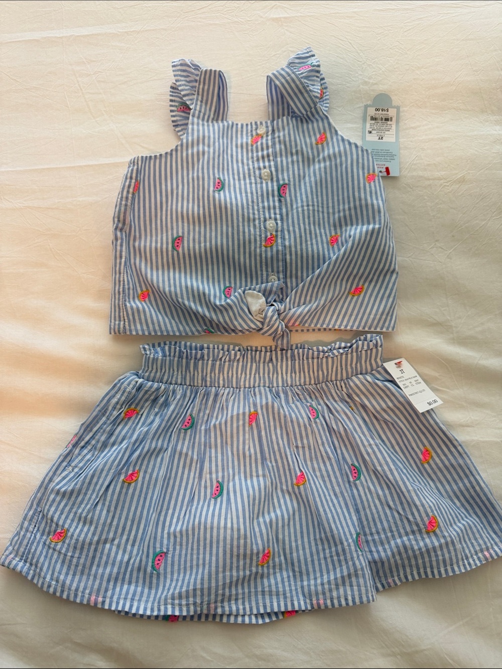 Girls Blue Stripe Tie-Front Top & Skirt Set - Pink Watermelon Embroidery
